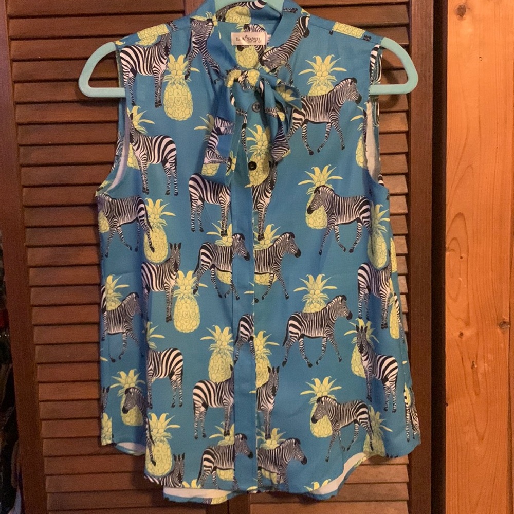 Brand new sleeveless tie-neck blouse. Nice material, never been worn Button-down